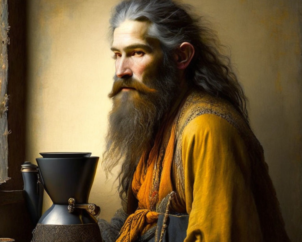 Elderly man in yellow robe with bronze vessels portrait