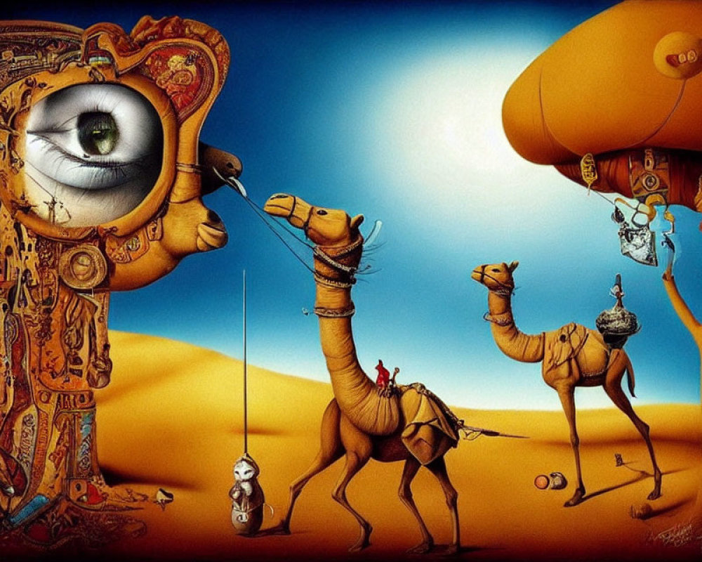 Surreal artwork: giant eye, ornate machinery, desert caravan, floating island.