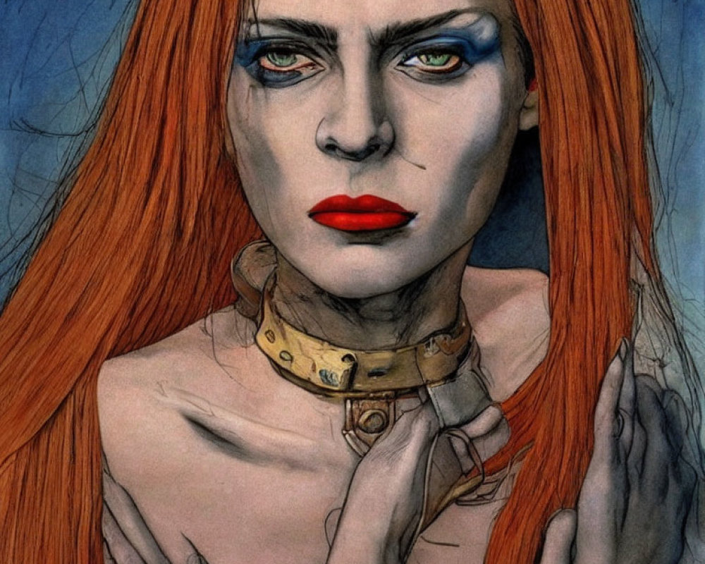 Illustration of woman with red hair, blue eyeshadow, red lipstick, intense gaze, blue