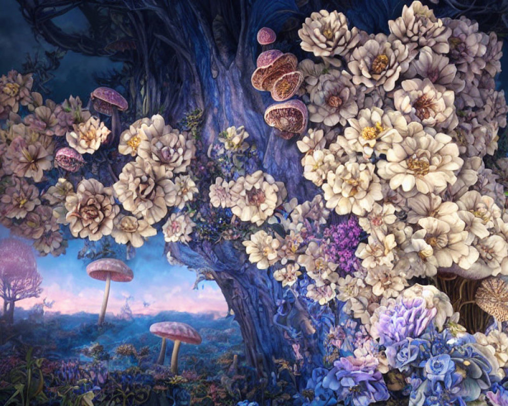 Colorful surreal landscape with large tree, blossoms, and mushrooms at dusk