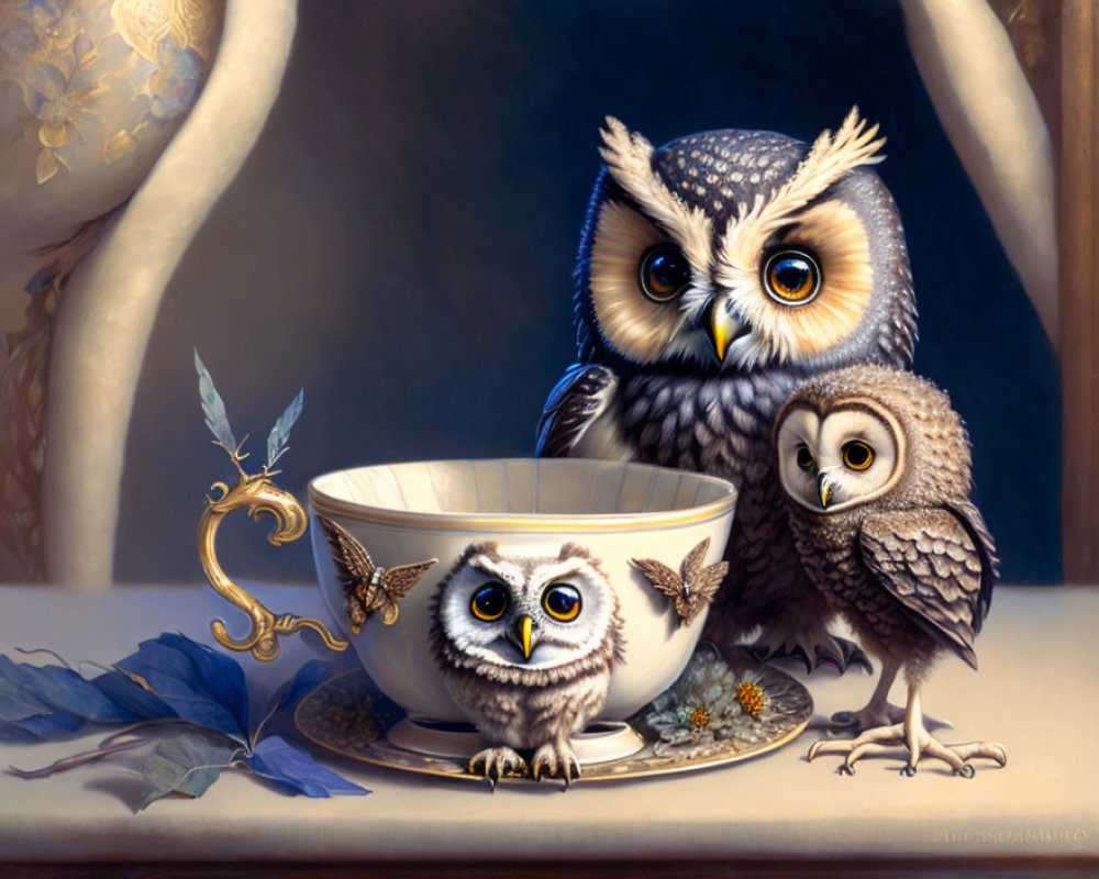 Detailed Illustration of Three Owls: One in Teacup, Two Outside