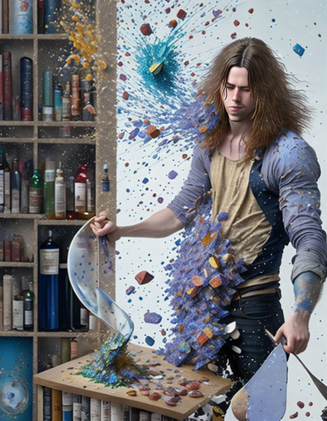 Long-haired person creates explosive art with colorful paint splashes and chunks in front of bookshelves