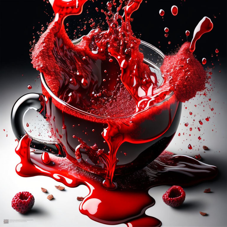 Dynamic Red Liquid Splashing from Black Coffee Cup with Raspberries