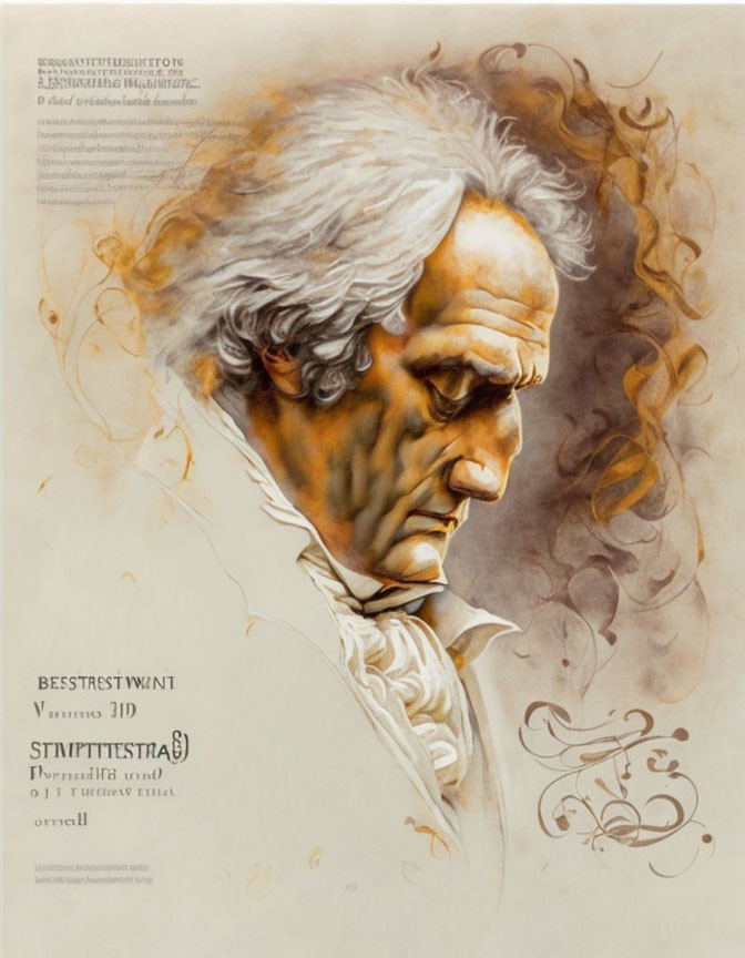 Elderly man with white hair and smoke wisps in artistic illustration