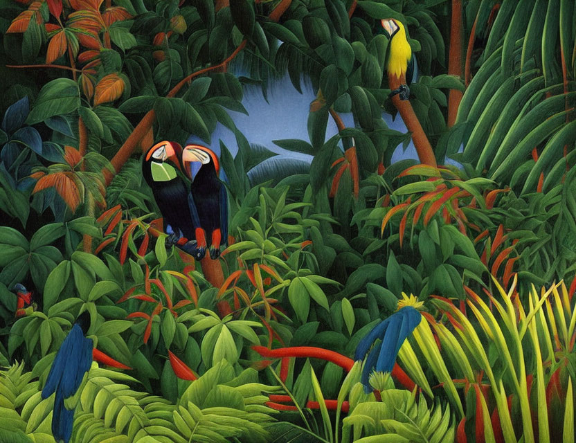 Colorful Jungle Scene with Toucans and Parrots in Lush Greenery