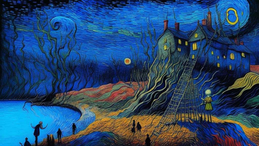 Stylized nocturnal landscape with swirling patterns, starry sky, crescent moon, houses,