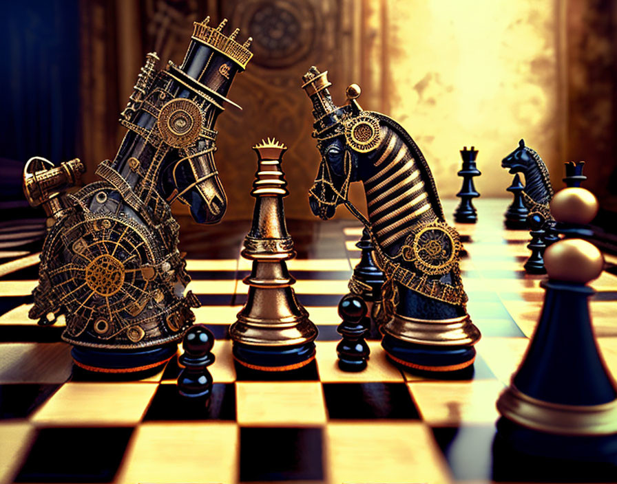 Steampunk knights on ornate chessboard display