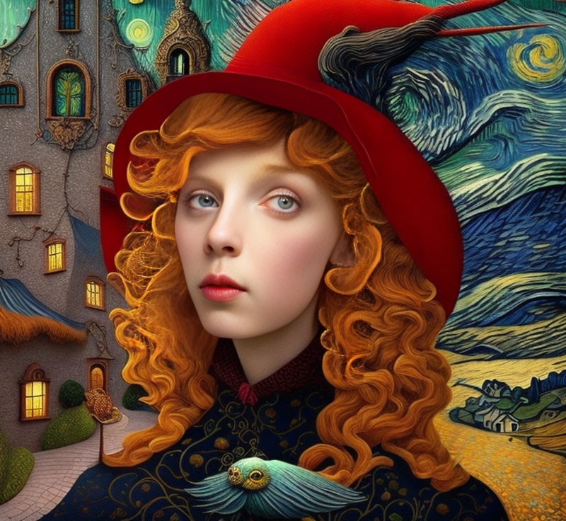 Curly red-haired woman in red hat on Van Gogh-inspired whimsical backdrop