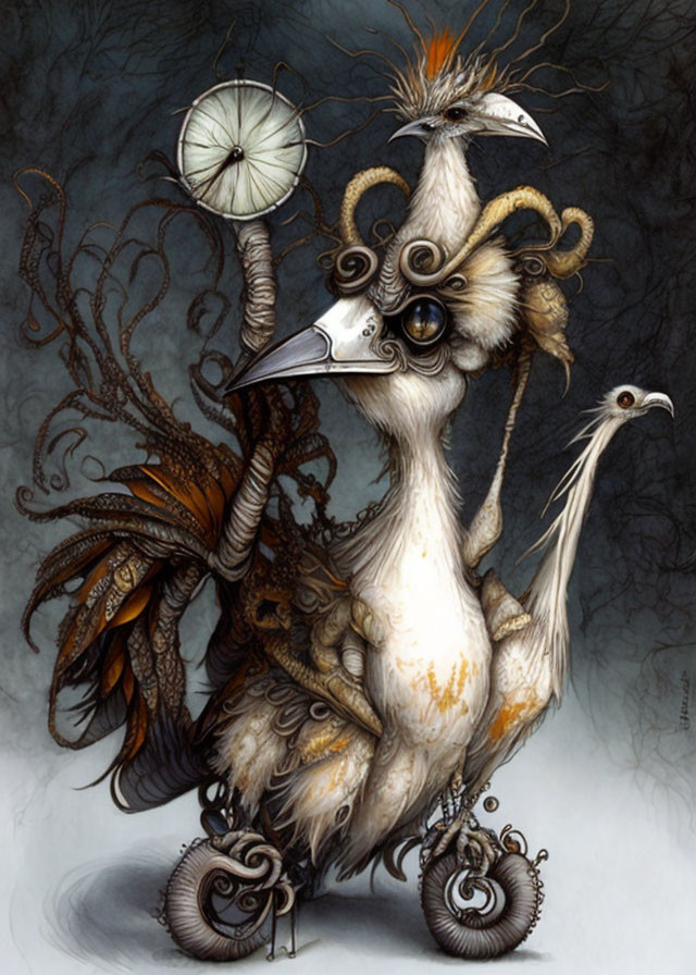 Surreal bird illustration with mechanical elements and ornate feathers on dark background