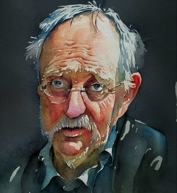 Elderly Man Watercolor Portrait with Blue Eyes and White Beard