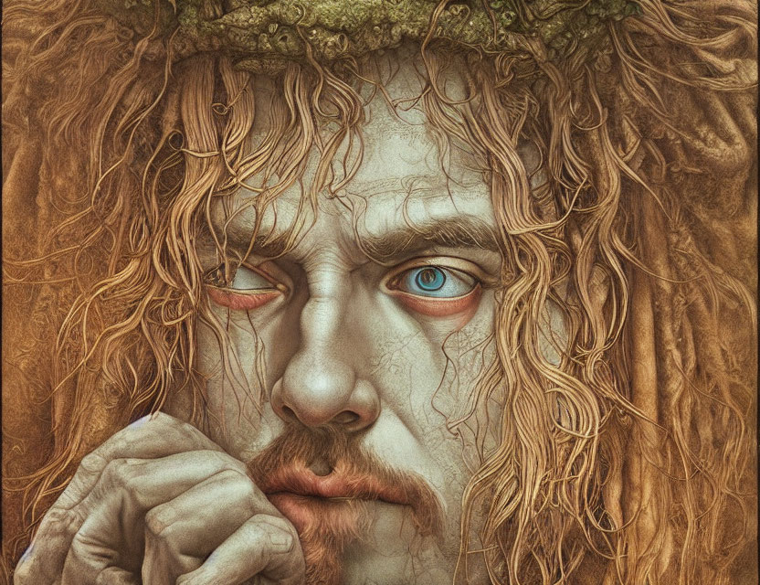 Portrait of a person with intense blue eyes and curly hair wearing a crown of leaves.