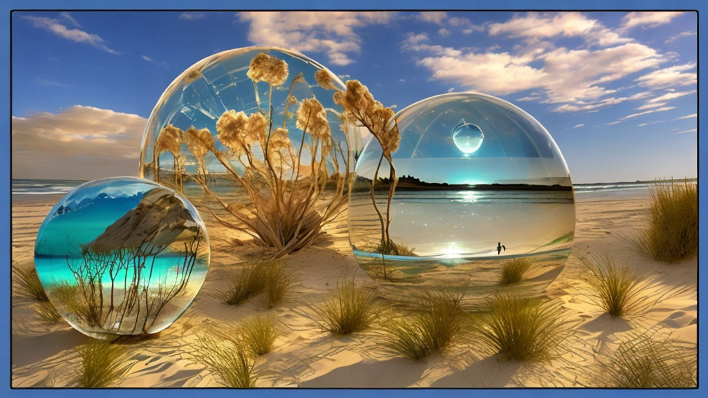 Transparent Spheres on Beach: Underwater, Desert Plants, Solitary Figure at Sunset