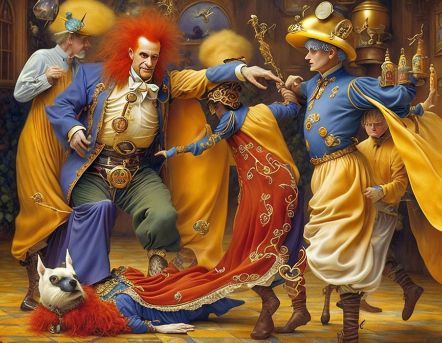 Colorful fantasy painting with jesting figure, eccentric characters, and dog in baroque-style room