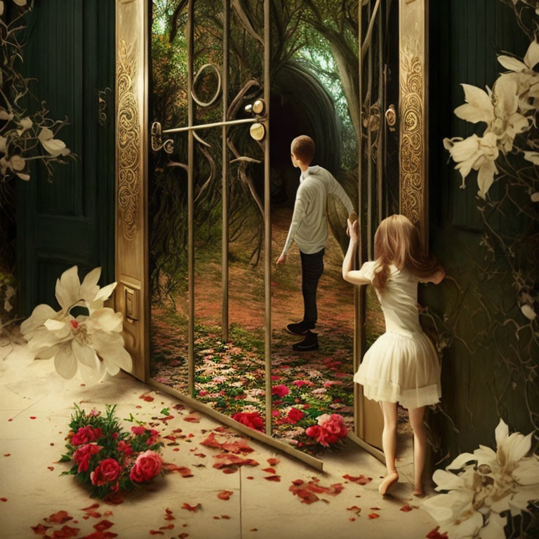 Young boy transitions from lavish room to forest with girl in white amidst large scattered flowers.