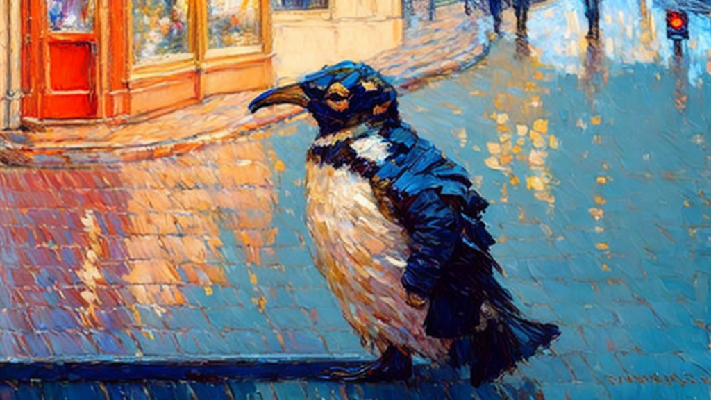 Stylized painting: Penguin on vibrant cobblestone street