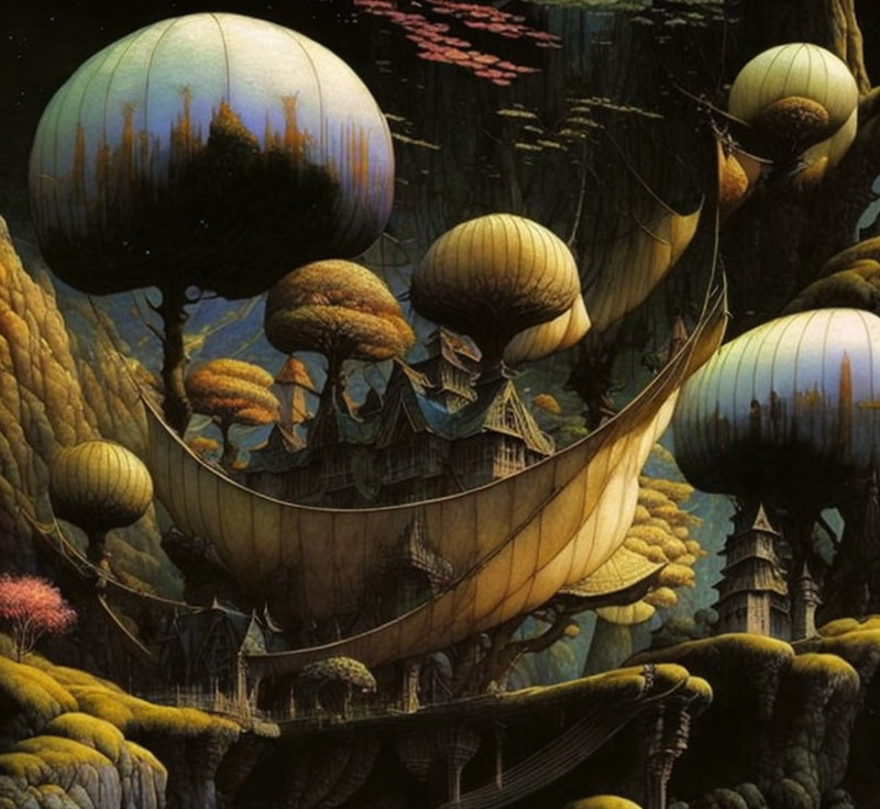 Surreal landscape with floating islands, onion dome structures, and ancient ships