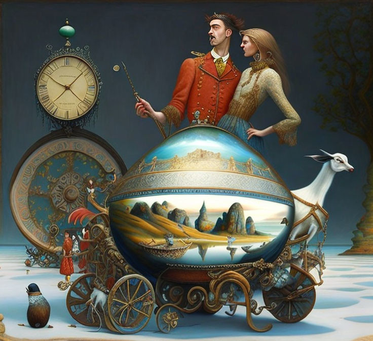 Surreal vintage couple in orb with whimsical elements