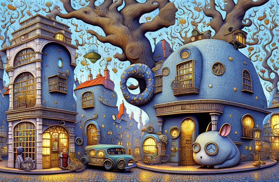 Surreal blue building with tree and rabbit in whimsical illustration