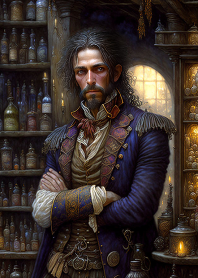 Bearded man in period costume in dimly-lit apothecary