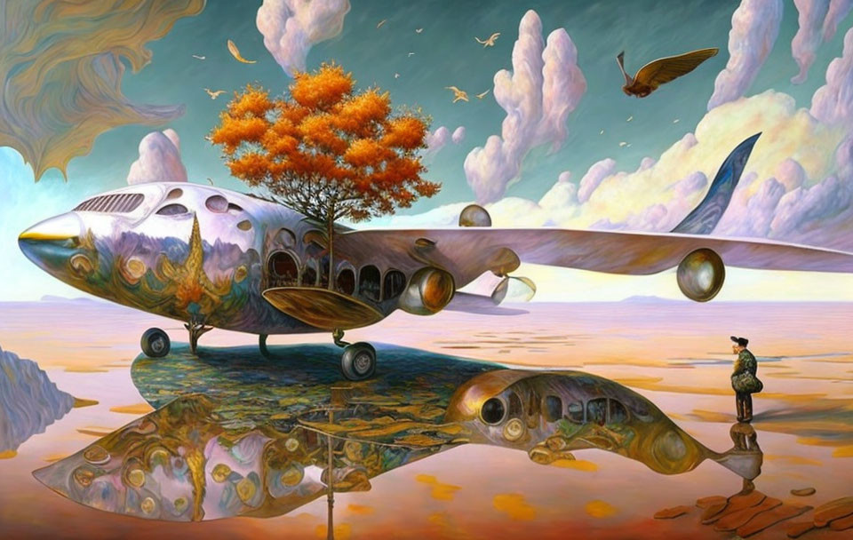 Surreal artwork: fish-shaped airplane with tree branch wings, lone onlooker, bird in