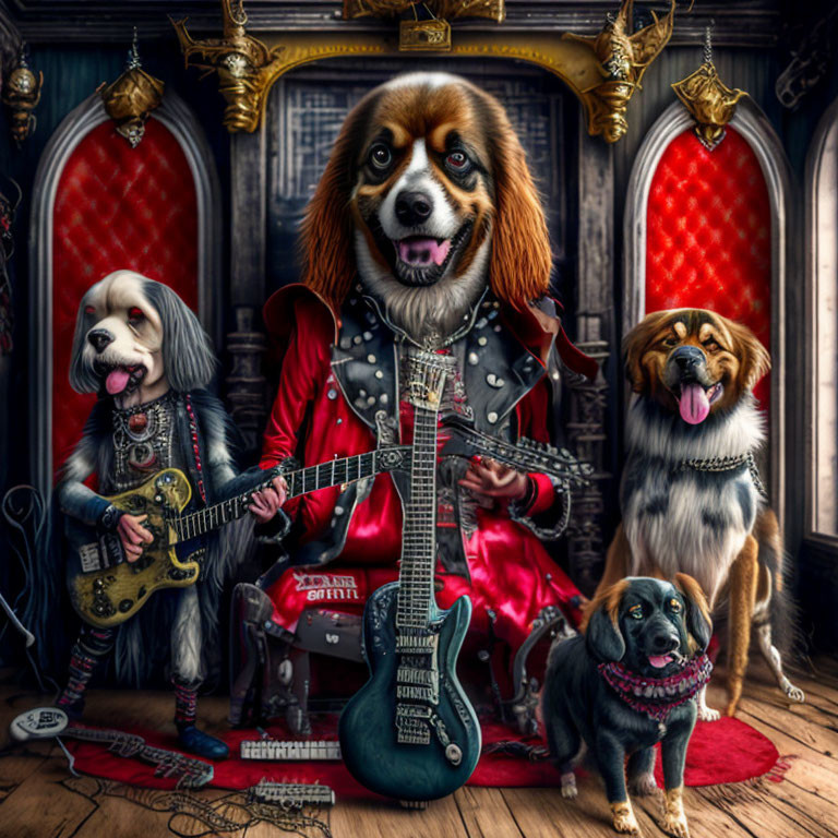 Anthropomorphic dogs in rock band setting with electric guitar in opulent interior