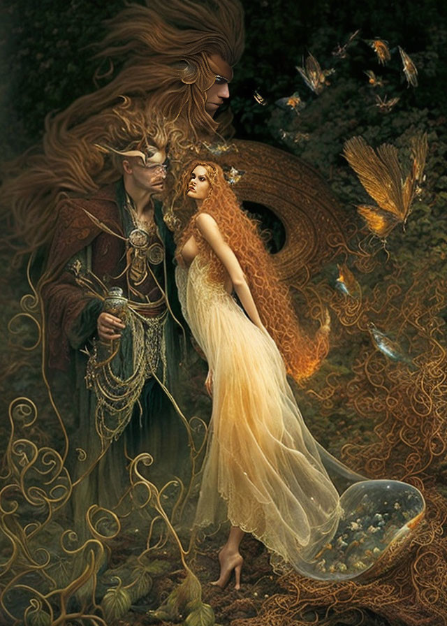 Fantasy scene: Male with antlers, female in flowing dress, mystical forest, floating lanterns