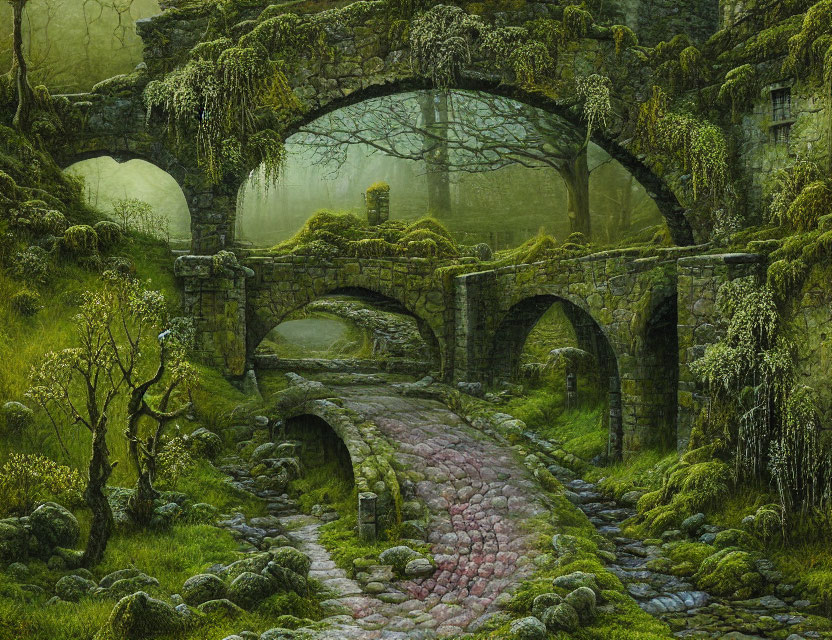 Moss-covered stone bridge in misty forest with stream.