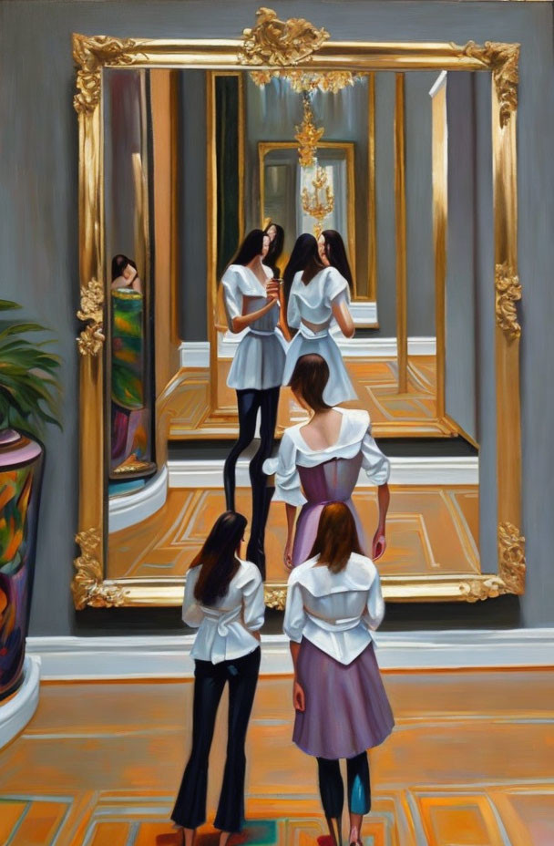 Two women in white tops reflected in ornate mirror.