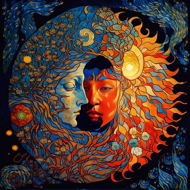 Vibrant blue and orange swirling profile faces with celestial motifs