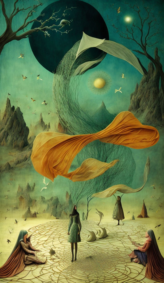 Surreal artwork: Three cloaked figures, floating scarves, moon, birds, glowing orb