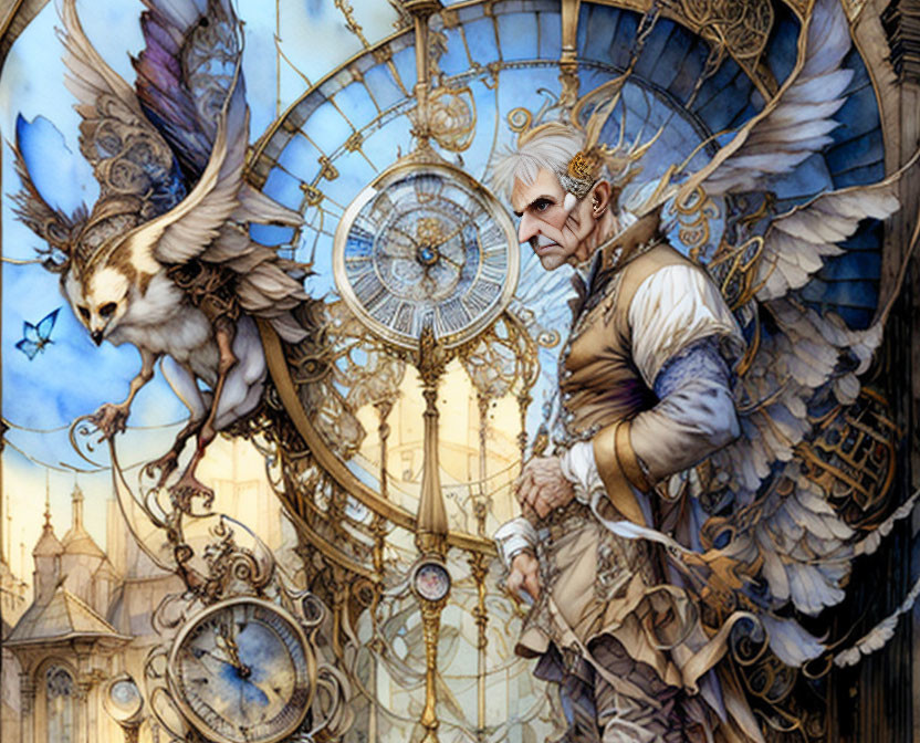 Steampunk illustration of elder man with pointed ears and owl with butterfly wings