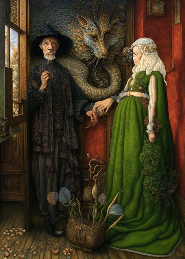 Elderly wizard, queen, and dragon in mystical room