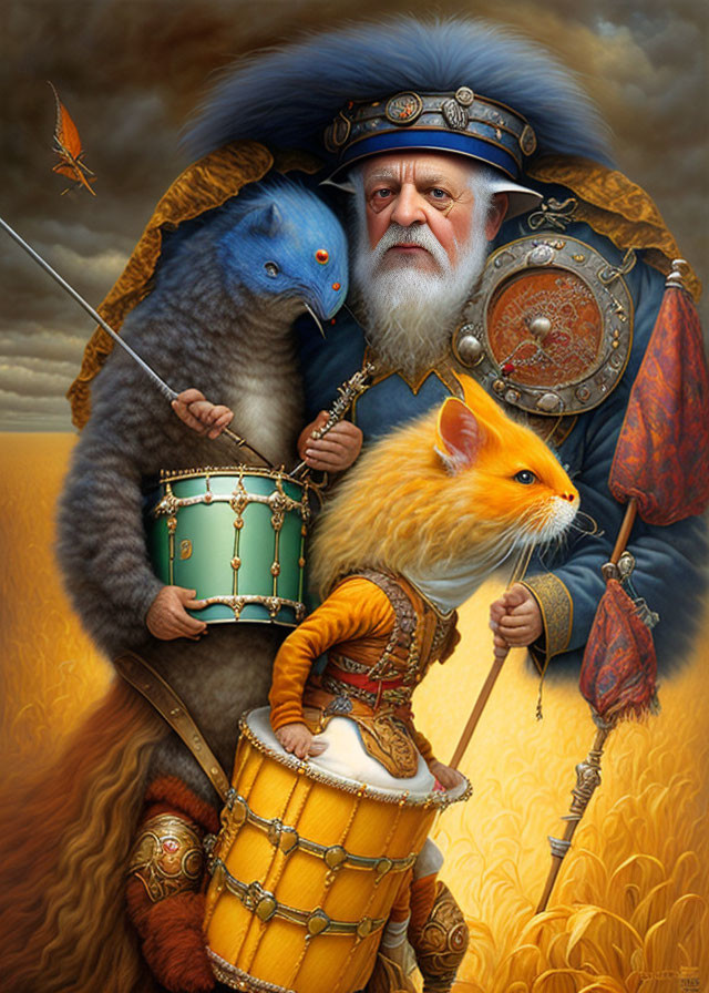 Whimsical elderly man in elaborate armor with two cats dressed as soldiers in golden sky