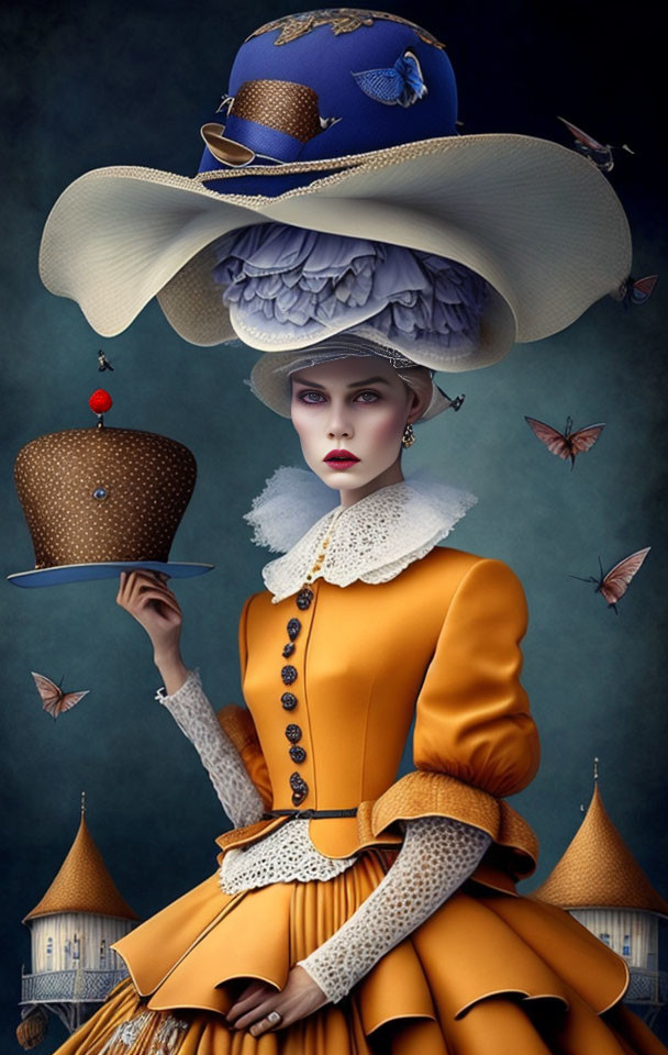 Stylized woman in orange dress and blue hat with butterflies, holding smaller hat on tray