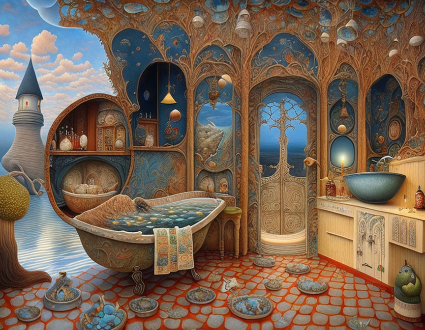 Fantasy-themed bathroom with tree-like structures, boat-shaped bathtub, nautical details, and sea view