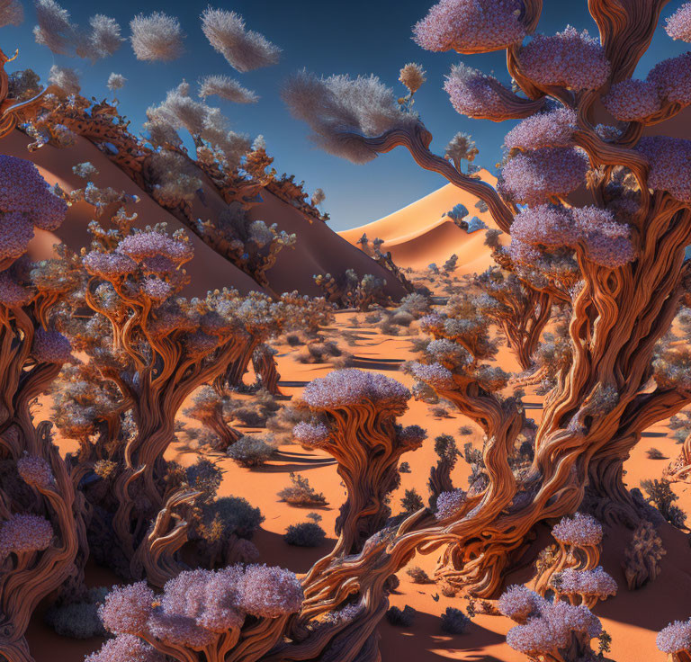 Surreal desert landscape with twisted trees and purple foliage