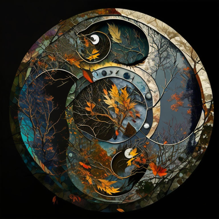 Ornate yin-yang symbol with autumn elements on dark background