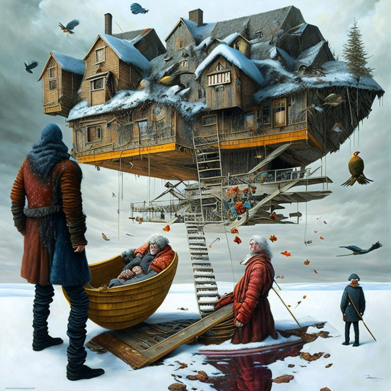 Surreal painting of floating house with figures and boat in cloudy sky