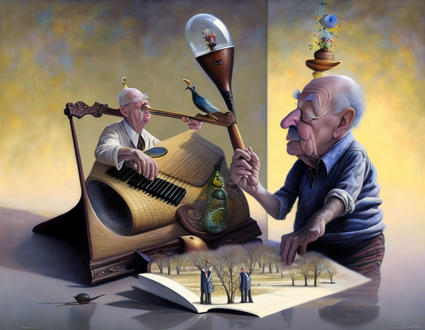 Surreal painting of elderly men with large heads and musical instruments, accompanied by a bird and floating