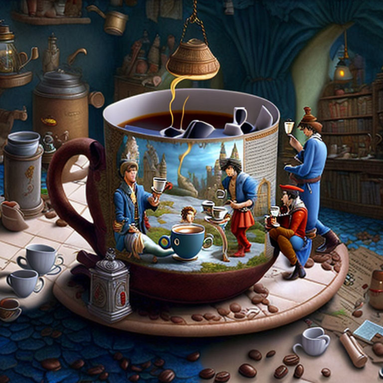 Surreal artwork of tiny people around a large coffee cup in a room full of coffee beans and