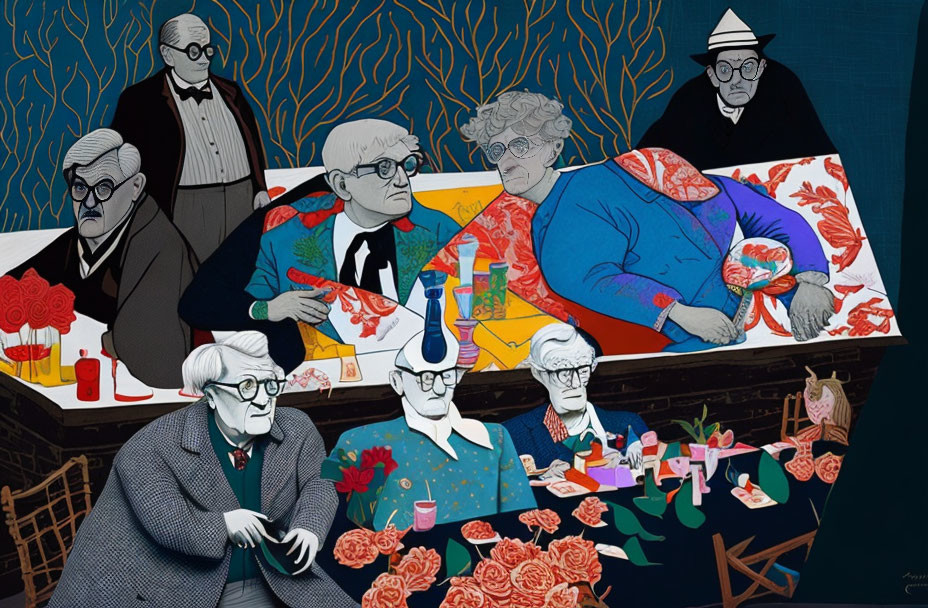 Whimsical illustration of seven monocled men in stylish attire