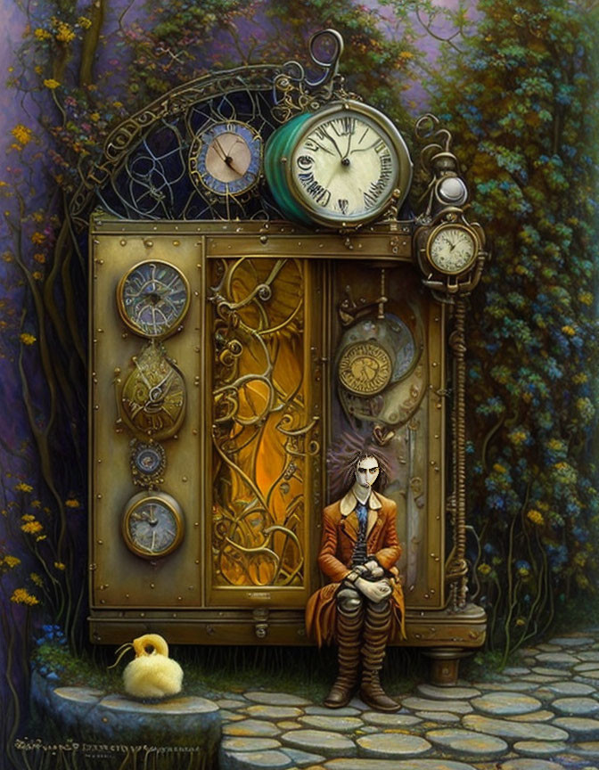 Man sitting by ornate cabinet with yellow duck in whimsical garden setting