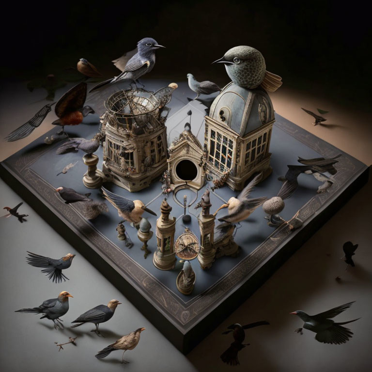 Bird-themed 3D chess set with architectural pieces and moody background