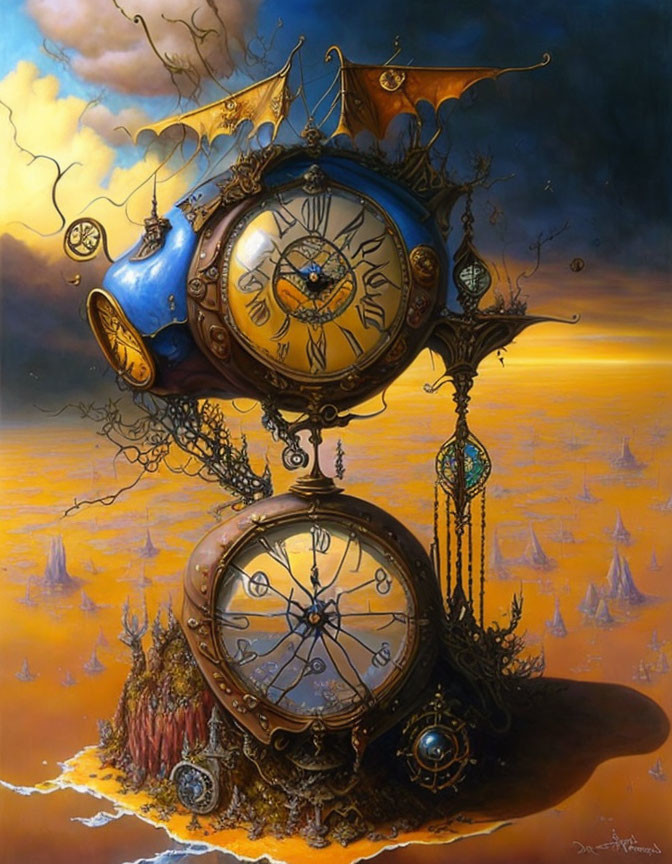 Surreal painting of ornate clocks on island at twilight