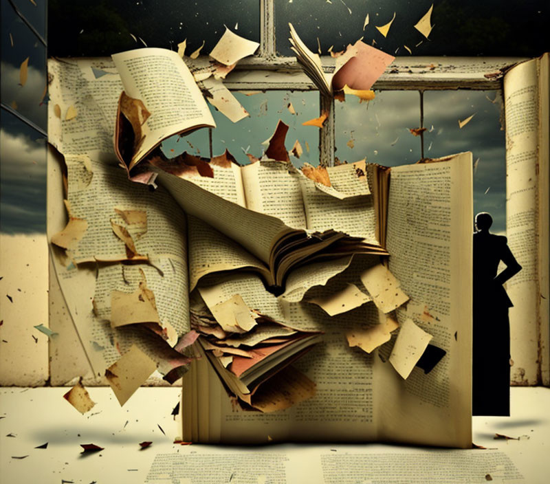 Surreal open book with flying pages and lone silhouette by window