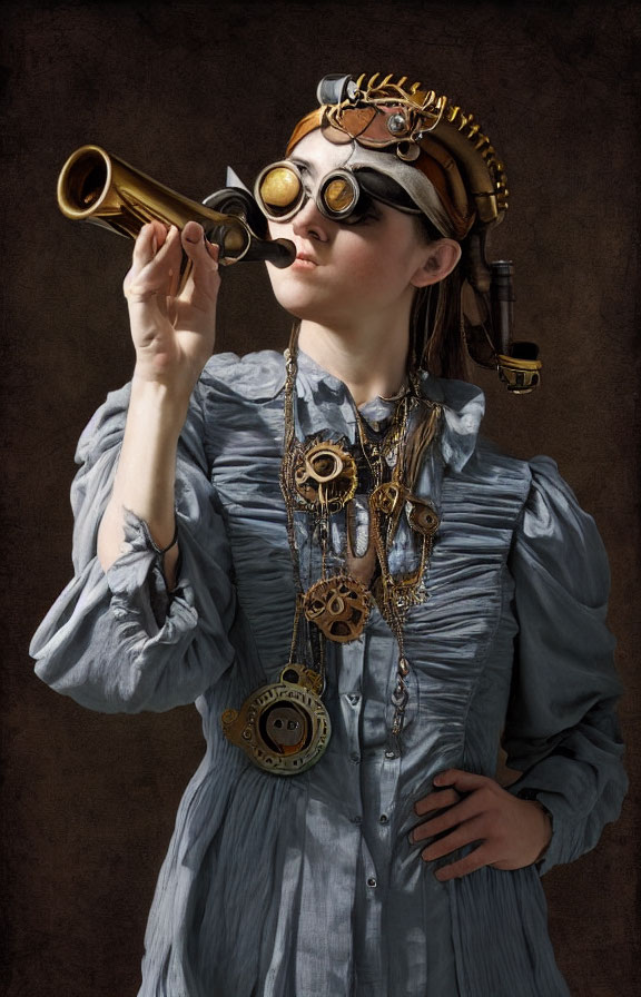 Steampunk-themed person with goggles looking through brass telescope