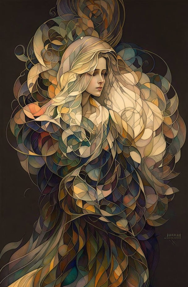 Colorful swirling pattern woman with flowing hair on dark background