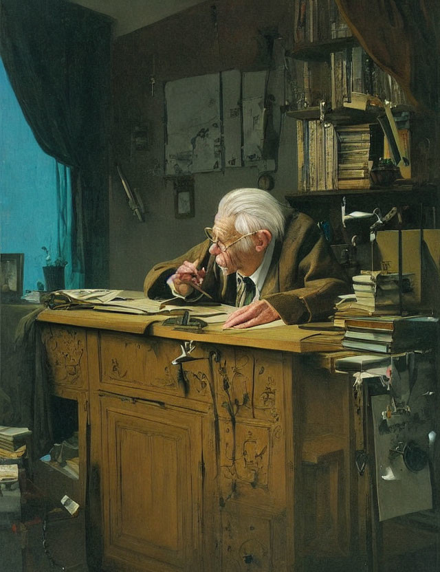 Elderly person writing at cluttered desk in dimly lit study