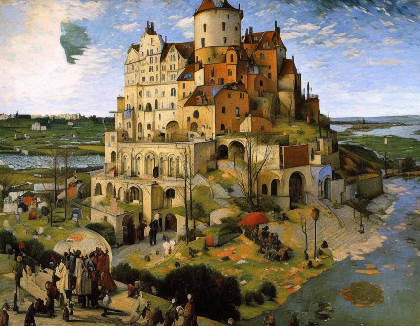 Renaissance painting of bustling village with grand castle