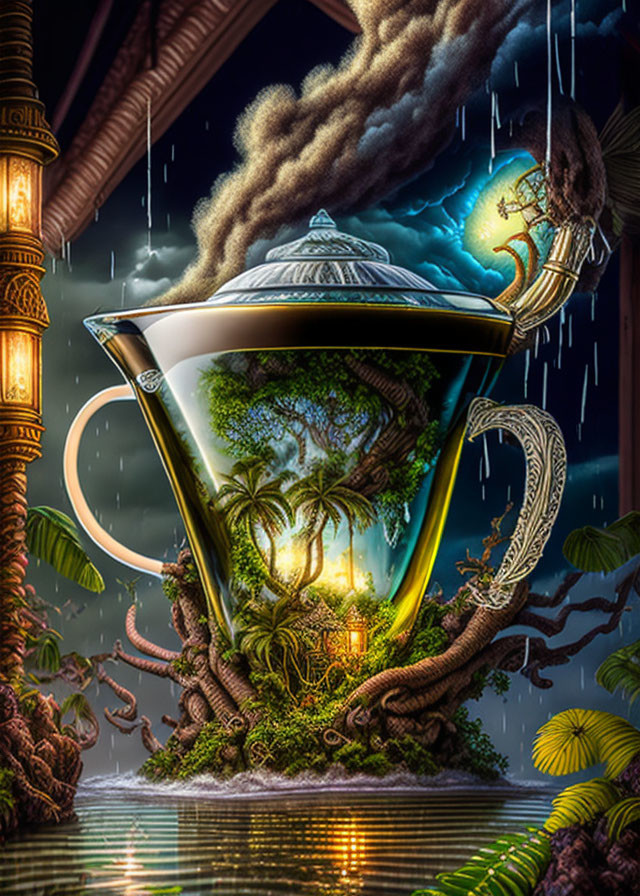 Teacup with forest, dragon, and oriental architecture under rainy night sky